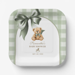 Preppy Teddy Bear Sage Green Plaid Baby Shower Paper Plate