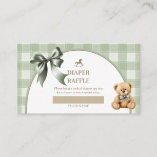 Preppy Teddy Bear Sage Green Plaid Diaper Raffle Enclosure Card