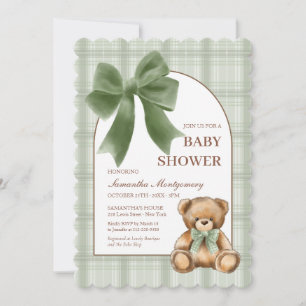 Preppy Teddy Bear Sage Plaid Baby Shower Invite
