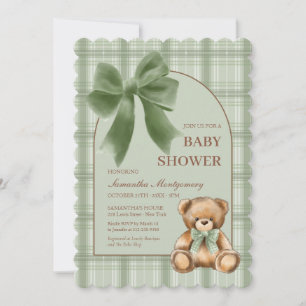 Preppy Teddy Bear Sage Plaid Baby Shower Invite