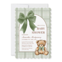 Preppy Teddy Bear Sage Plaid Baby Shower Invite