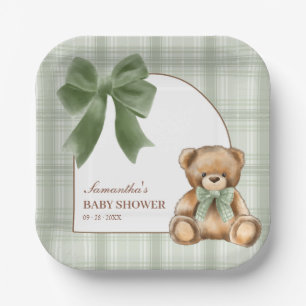 Preppy Teddy Bear Sage Plaid Baby Shower   Paper Plate
