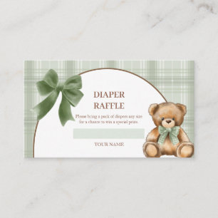 Preppy Teddy Bear Sage Plaid Diaper Raffle Enclosure Card