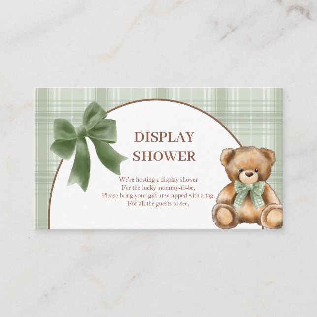 Preppy Teddy Bear Sage Plaid Display Shower Enclosure Card (Front)