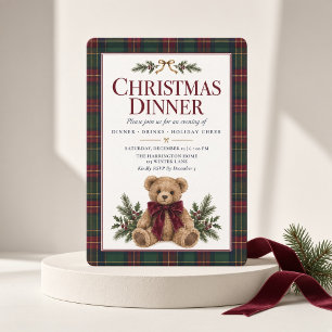 Preppy Teddy Bear Tartan Plaid Christmas Dinner Invitation