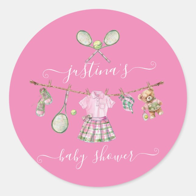 Preppy Tennis Baby Shower Clothesline Classic Round Sticker (Front)