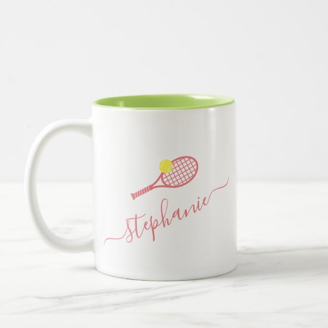 Preppy Tennis Ball Monogram Personalise Pink Green Two-Tone Coffee Mug (Left)