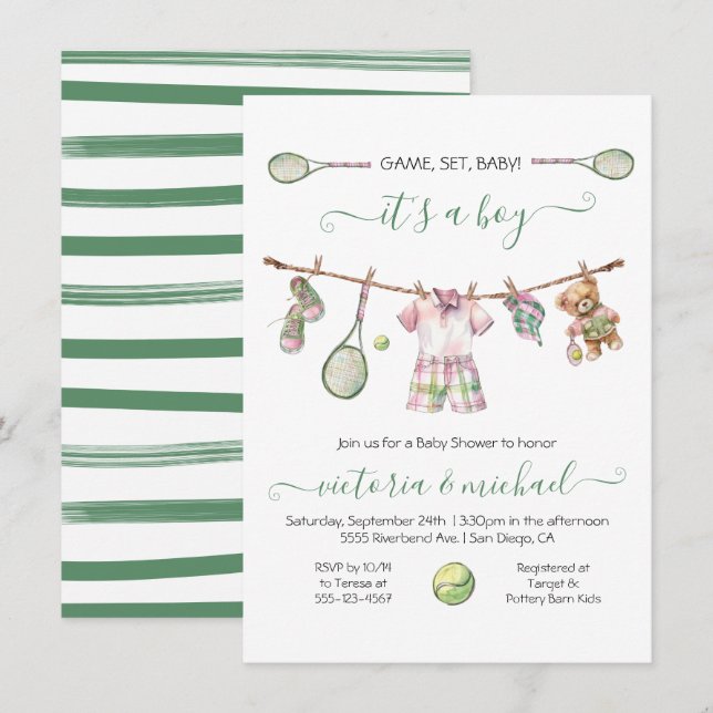 Preppy Tennis Boy Baby Shower Invitation (Front/Back)