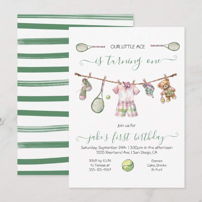 Preppy Tennis Boy Birthday turning one Invitation (Front/Back)