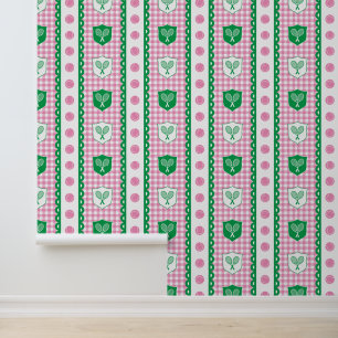 Preppy Tennis Crest Gingham in Pink & Green Wallpaper