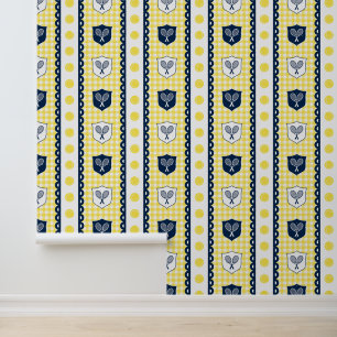 Preppy Tennis Crest Gingham in Yellow & Navy Wallpaper