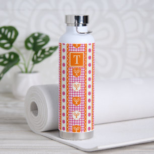 Preppy Tennis Crest Gingham - Orange & Hot Pink Water Bottle