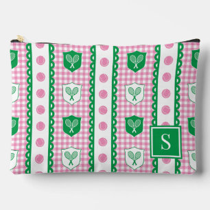 Preppy Tennis Crest Gingham - Pink & Green Accessory Pouch