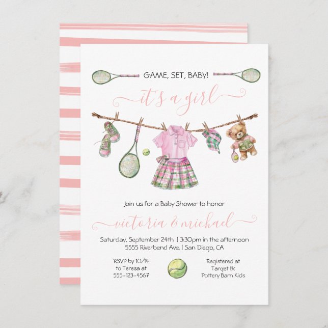 Preppy Tennis Girl Baby Shower Invitation (Front/Back)