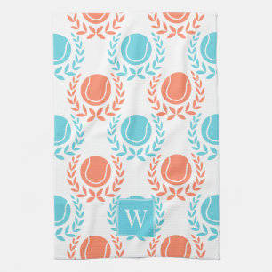 Preppy Tennis Laurel Wreath - Coral & Turquoise Tea Towel
