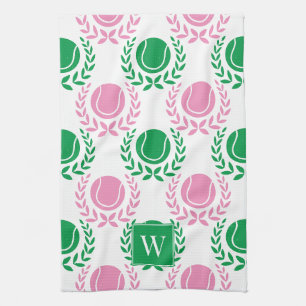 Preppy Tennis Laurel Wreath - Pink & Green Tea Towel