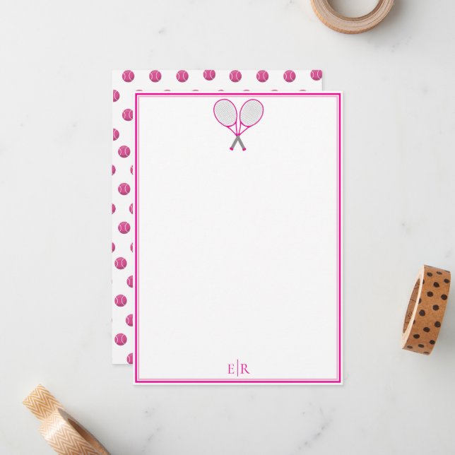 Preppy Tennis Pink Monogram Flat Note Card (Front/Back In Situ)