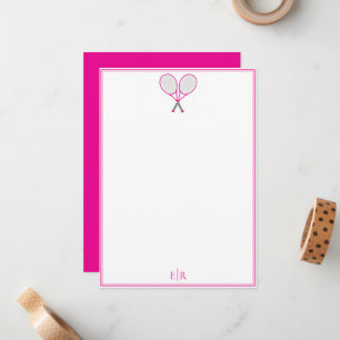   Preppy Tennis Pink Monogram Flat Note Card
