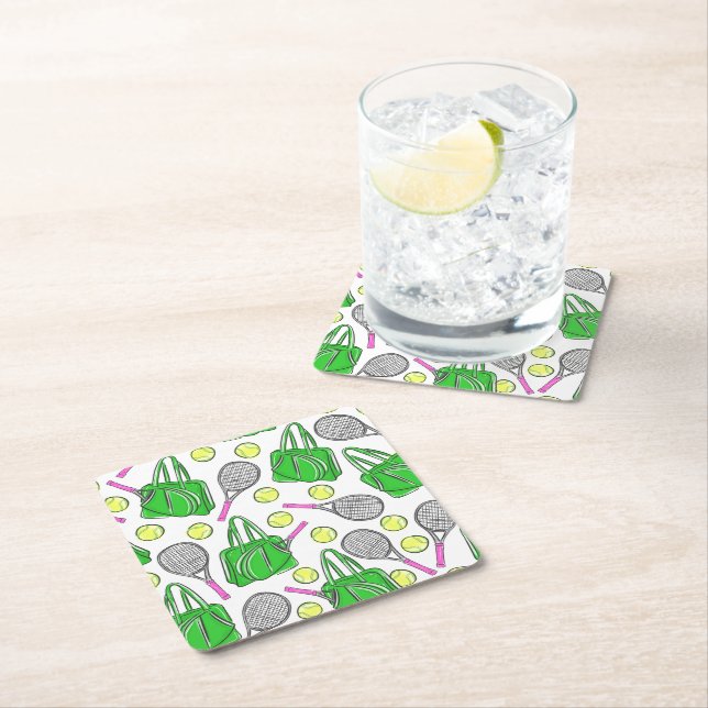 Preppy Tennis Racquet Bag Balls   Square Paper Coaster (Insitu)