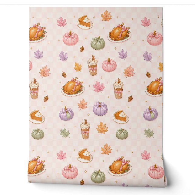 preppy thanksgiving Turkey Pumpkin Fall Pattern Wallpaper (Unrolling)