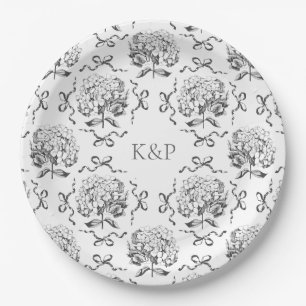 Preppy Toile Hydrangea Bow with Name Paper Plate