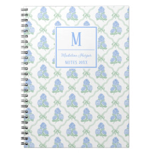 Preppy Trellis Bow Blue & Green Hydrangeas Monogra Notebook