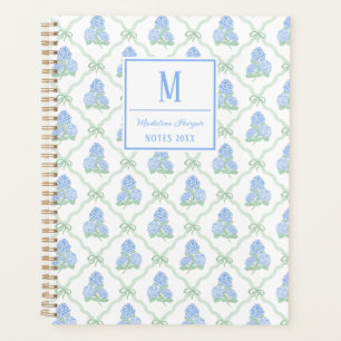 Preppy Trellis Bow Blue & Green Hydrangeas Monogra Planner
