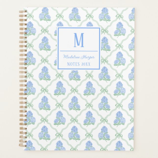 Preppy Trellis Bow Blue & Green Hydrangeas Monogra Planner (Front)