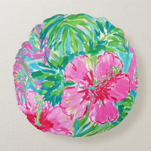Preppy Tropical Floral Round Throw Pillow Hibiscus