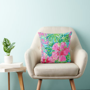 Preppy Tropical Floral Throw Pillow Hibiscus Palms