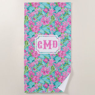 Preppy Tropical Hibiscus Flower   Monogram  Beach Towel