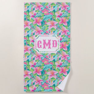 Preppy Tropical Hibiscus Flower   Monogram  Beach Towel