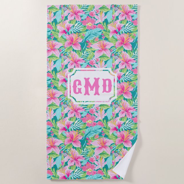 Preppy Tropical Hibiscus Flower | Monogram  Beach Towel (Front)