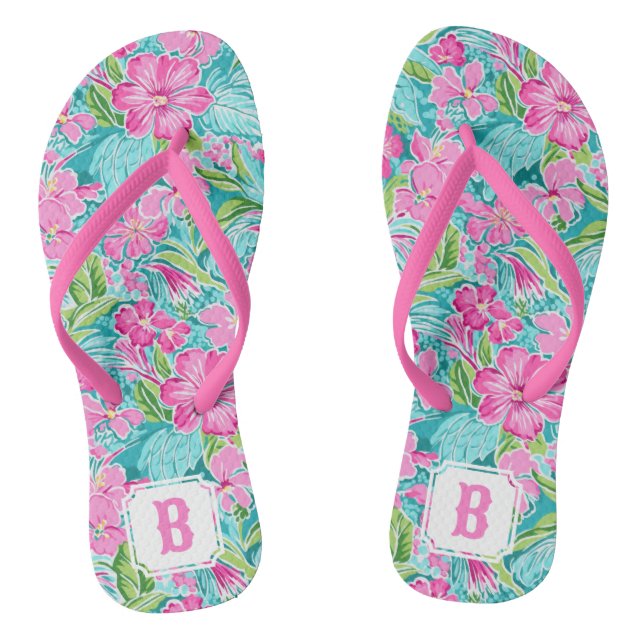 Preppy Tropical Hibiscus Flower | Monogram Flip Flops (Footbed)