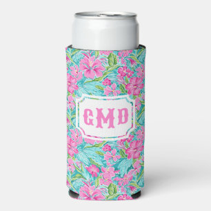 Preppy Tropical Hibiscus Flower   Monogram  Seltzer Can Cooler