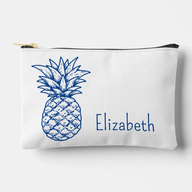 Preppy Tropical Navy Blue Pineapples Personalised Accessory Pouch (Front)