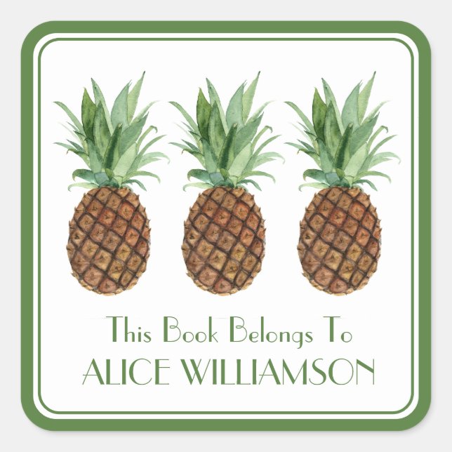 Preppy Tropical Pineapples Personalised Bookplate Square Sticker (Front)
