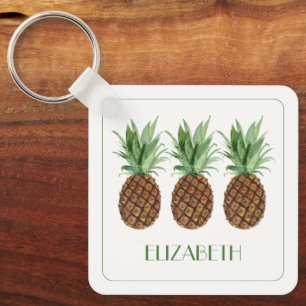Preppy Tropical Pineapples Personalised Key Ring
