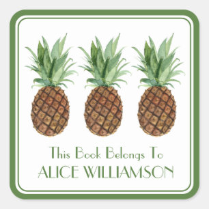 Preppy Tropical Pineapples Personalized Bookplate Square Sticker