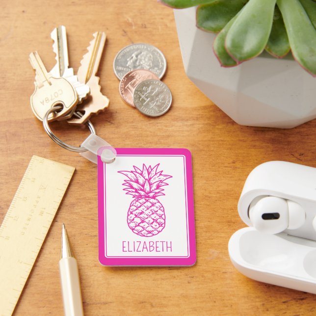 Preppy Tropical Pink Pineapple Personalised Key Ring (Desk)