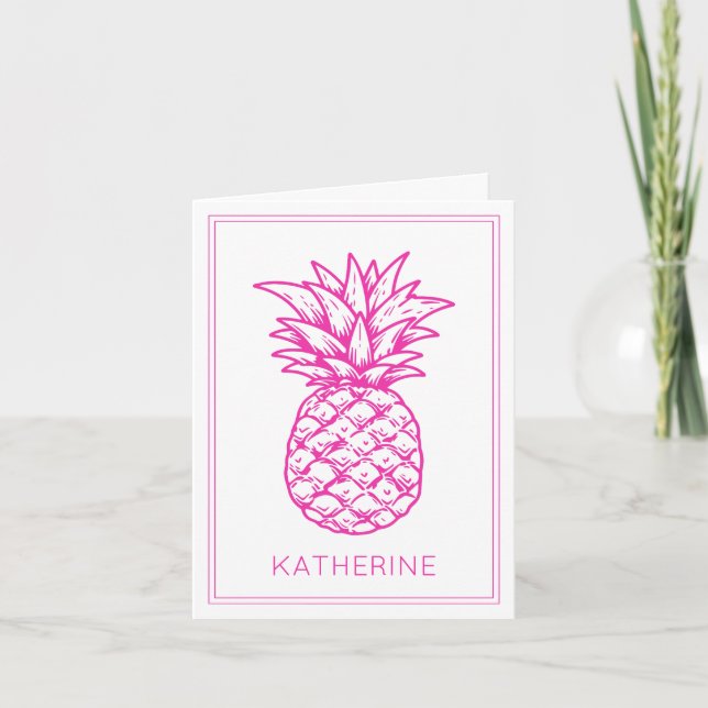 Preppy Tropical Pink Pineapple Personalised Note Card (Front)