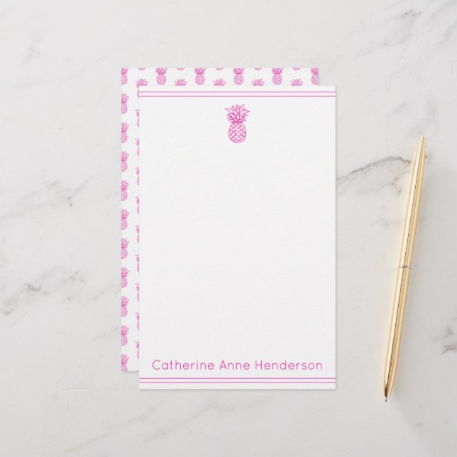 Preppy Tropical Pink Pineapple Personalised Stationery (Front/Back In Situ)