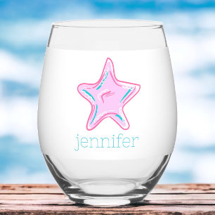 Preppy Tropical Pink Starfish Personalised Stemless Wine Glass