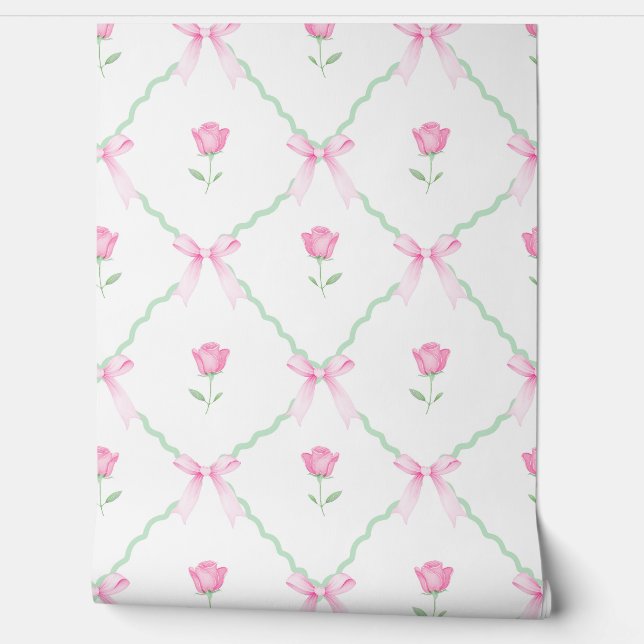 Preppy Tulip Pink Bows Scallop Grandmillennial Wallpaper (Unrolling)