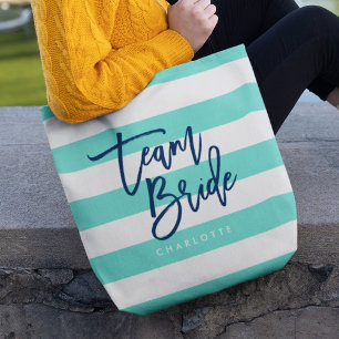 Preppy Turquoise and White Stripes Blue Team Bride Tote Bag
