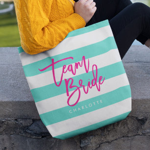 Preppy Turquoise and White Stripes Pink Team Bride Tote Bag