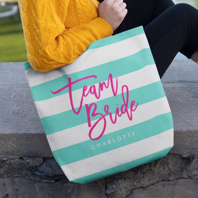 Preppy Turquoise and White Stripes Pink Team Bride Tote Bag (Creator Uploaded)