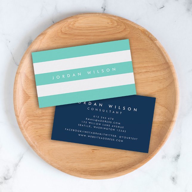 Preppy Turquoise and White Stripes with Blue Business Card (Creator Uploaded)