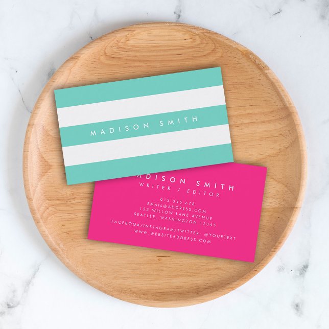 Preppy Turquoise and White Stripes with Pink Business Card (Creator Uploaded)