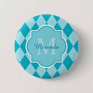 Preppy Turquoise Argyle Girly Monogram and Name 6 Cm Round Badge